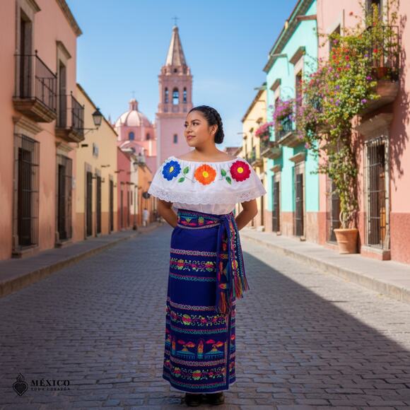 Traditional Mexican Floral Cambaya Dress Set – Handmade Three-Pieces - Picture 2 of 8